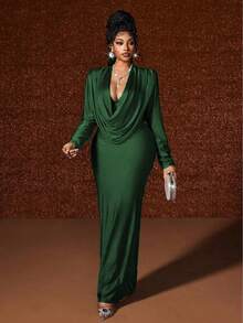 Maweii Vestido maxi de manga larga ajustado con cuello drapeado y fruncido, estilo de fiesta, talla grande y unicolor - Verde - Ver 5