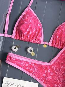 Swim Mod 2件套女士随机印花细肩带高衩比基尼泳衣套装，夏季海滩度假 - 彩色 - 查看 4