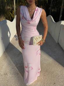 Cévolie Women's Long Floral Print Vacation Dress, Pink - Pink - View 6