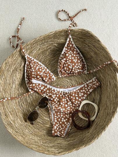 Swim Mod 2pcs/Set Girls' Ditsy Floral Shell Embroidery Spaghetti Strap Halter Crop Top And V-Neck Bikini Bottom