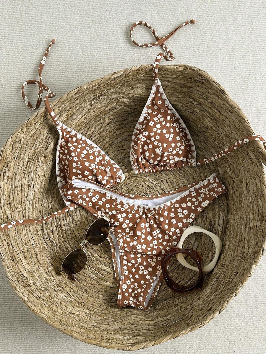 Swim Mod 2件套女童碎花贝壳刺绣吊带露脐上衣和V领比基尼泳裤 - 彩色 - 查看 1