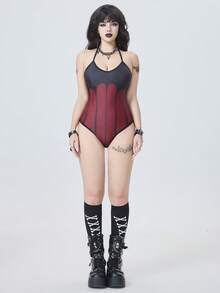 ROMWE 2026 New Arrival Printed Bat Design Halter Neck Backless One-Piece Swimsuit, Sexy Gothic Style For Summer Beach, Pool Party - Burgundy - View 5