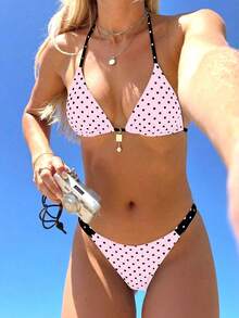 Swim Mod Bộ bikini gợi cảm mùa hè dành cho nữ, kiểu dáng ngọt ngào, dễ thương, họa tiết chấm bi tương phản, có thể mặc hai mặt, buộc dây cổ sau lưng. - Nhiều màu - Xem 7
