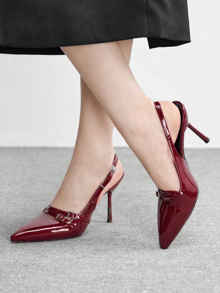 CUCCOO BIZCHIC Burgundy French Metal Buckle Elegant High Heel Sandals, Multi-Metal Buckle Decor Elevates The Design, Suitable For Working Women's Daily Commute, Also Fits Semi-Formal Occasions Like Business Meetings And Small Gatherings