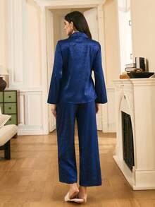 Women Floral Jacquard Side Knot Long Sleeve Top And Pants Elegant Pajama Set Blue Silk Pajama Set V Neck Lounge Wear Women Lounge Wear Sets Sleepwear Women Silk - Navy Blue - View 2