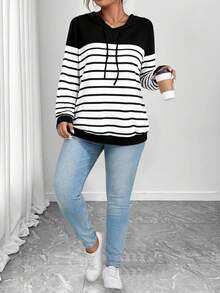 EMERY ROSE Plus Size Women Casual Hooded Striped Lightweight Sweatshirt - Black and White - View 4