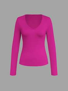 Women's Casual V-Neck Long Sleeve Slim Fit T-Shirt, Versatile For Autumn/Winter - Hot Pink - View 3