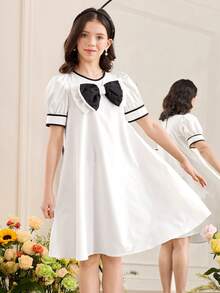 SHEIN Tween Girl Elegant Gorgeous Cute Colorblock Puff Sleeve A-Line Dress, Suitable For Parties, Gatherings And Outings Girls Matching Dresses Twin Girl Dresses - Black and White - View 11