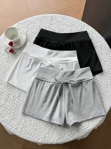 Everyssa 3件套女士休闲弹力腰抽绳运动短裤套装，适合日常和运动穿着 - 彩色 - 查看 4