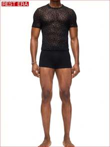 Men's Fashionable Sexy Heart Print Sheer Short Sleeve Base Layer Top, Summer - Multicolor - View 4