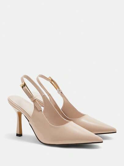 CUCCOO CURVES Zapatos de mujer de ajuste ancho, de moda, con punta, tacón de aguja, con correa trasera en color albaricoque, sencillos y clásicos, cómodos para uso diario, con tacón alto engrosado, tallas grandes para mujeres