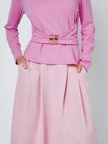 Maija Fitted Crew Neck Long Sleeve Light Pink Women Knit Top, Suitable For Early Spring Transition, Fitted & Slimming Women T-Shirt, Pink Top , Summer Holiday Outfits, Summer Tops , Spring Break Outfits , Bat Sleeve Design - Baby Pink - View 2