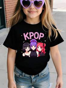 春夏秋季女童休闲时尚创意个性清爽简约酷炫虚拟女团明星图案字母标语印花宽松基础款短款T恤，舒适日常穿着，温暖的夏秋风格，适合春夏女童穿搭，上衣 - 黑色 - 查看 3