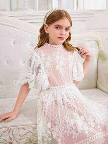 SHEIN Đầm bé gái tuổi teen bằng vải lưới dệt, thêu ren, tay bồng xếp ly, eo thắt eo, kiểu dáng thanh lịch, đầm công chúa, đầm dự tiệc, đầm dạ hội, đầm họp mặt ngày lễ, đầm nghỉ xuân, đầm bé gái dự tiệc cưới. - Màu Hồng baby - Xem 4