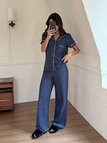 Dream Adore Contrast Trim Plaid Short Sleeve & Pants Women Pajama Set - Multicolor - View 3