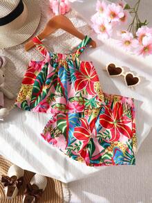 SHEIN Playful Pals 2件套婴儿/男女通用0-3岁休闲热带印花吊带背心和短裤套装，女婴夏季服装，女婴套装，婴儿休闲套装，适合户外、休闲、度假，3T女婴热带度假服装夏季两件套，女婴夏威夷服装，热带婴儿套装，女童夏季套装，度假服装，热带女童夏季假日服装 - 彩色 - 查看 3