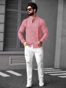 Manfinity CasualCool 男士纯色立领长袖纽扣休闲衬衫 - 中紫紅色 - 查看 5