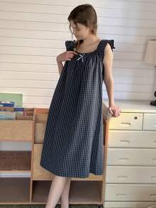 DAZY Teen Girls' Comfortable Plaid Print Bow Decor Nightgown For Everyday Wear Spring - Navy Blue - View 7