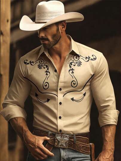 Manfinity Nomadique Camisa de estilo occidental de moda con estampado de un solo pecho para hombres