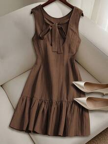 SHEIN Tall Women's Summer Woven Backless Tie Strap Sleeveless A-Line Ruffle Hem Casual Mini Dress - Coffee Brown - View 2