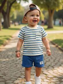 SHEIN Vintaside Kids 2pcs Toddler Infant Baby Boys Fashion Black & White Striped Waffle Knit Fabric Pocket Round Neck Short Sleeve T-Shirt And Black Elastic Waist Letter Patch Shorts Set, Summer - Blue - View 2