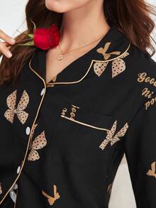 2 件女士蝴蝶印花睡衣套装，长袖纽扣领上衣和长裤，休闲睡衣家居服，适合秋冬，秋季服装 - 黑色 - 查看 9