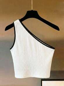 Franclia 女士白色单肩背心，黑色滚边，可爱夏季背心，沙滩度假装 - 白色 - 查看 2