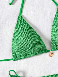 Swim Vcay Women's Summer New Vacation Style Halter Tie Pants Side Tie Chiffon Bikini Set - Green - View 4