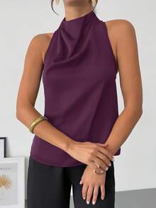 Firerie Xuân/Hè Mới Thanh lịch Thường ngày Cổ điển Hiện đại Không đối xứng Cổ áo Không tay Halter Hở lưng Nơ Trang trí Ôm sát Áo cánh đi làm màu đen - Màu tím - Xem 6