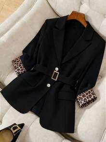 GlowEve CURVE Plus Size Women Elegant Commuter Long Sleeve Colorblock Leopard Print Blazer - Black - View 6