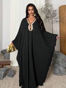 Maweii Đầm dáng rộng thanh lịch màu đen cổ chữ V tay cánh dơi phối sequin dành cho nữ cỡ lớn, mẫu mới Xuân/Hè/Thu 2026. - màu đen - Xem 4