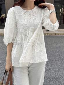 FRIFUL Women's Solid Color Pleated Ruffle Hem Loose Casual Versatile Short Sleeve Blouse, Summer/Spring - Beige - View 4