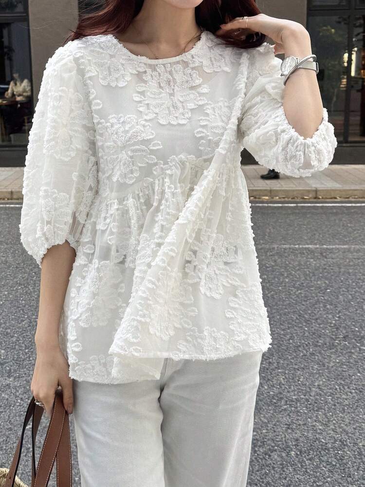 FRIFUL Women's Solid Color Pleated Ruffle Hem Loose Casual Versatile Short Sleeve Blouse, Summer/Spring - Beige - View 4