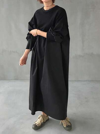 FRIFUL 女士纯色100%棉圆领落肩长袖袖口褶皱裙摆拼接宽松休闲连衣裙