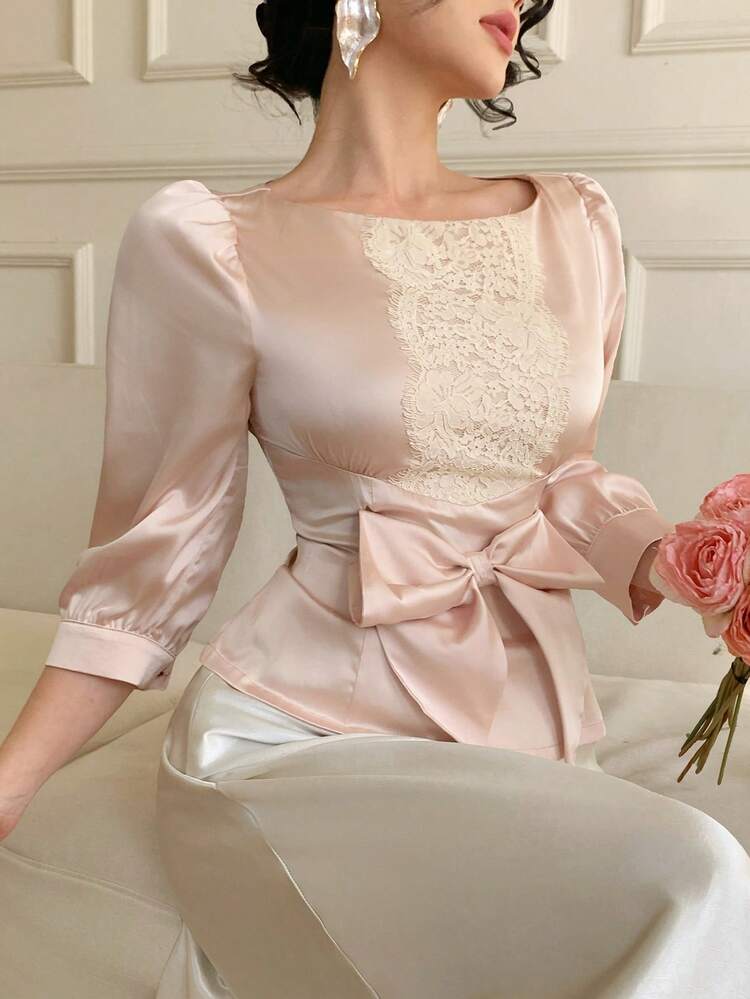 Spring/Summer Hollow Lace Patchwork Puff Sleeve Blouse, Elegant For Valentine's Day, Wedding, Party, Formal Occasion, Fashion, Slim Fit, Bow Tie Waist, Metal Button Decor
