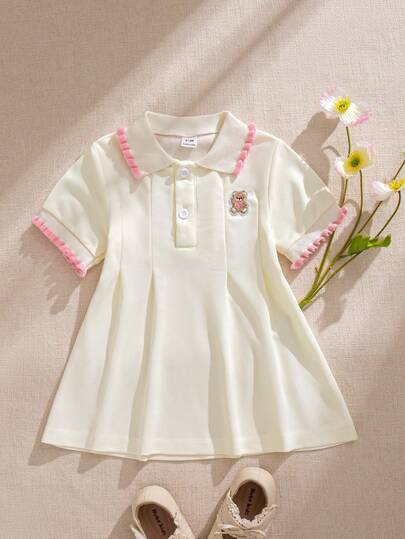 Souflis Souflis 一件法式风格女婴米色休闲连衣裙，罗纹领口和袖口，饰有刺绣泰迪熊图案，适合休闲、户外、运动和派对等场合。