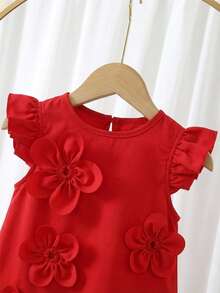 SHEIN 女婴纯色3D立体花卉装饰短袖可爱连衣裙 - 紅色 - 查看 3