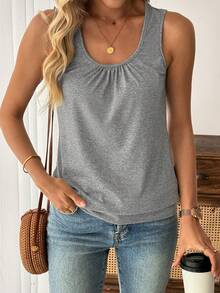 EMERY ROSE Plus Size Women Solid Color Round Neck Pleated Casual Versatile Tank Top - Grey - View 5