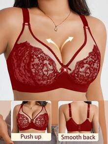 DesireSculpt 1 pieza Sujetador inalámbrico de encaje y parches para tallas grandes - Rojo - Ver 5