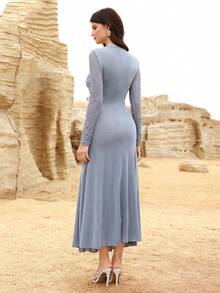 Modelyn Lace Patchwork Metal Buckle Pleated Waist Fitted Bodycon Long Sleeve Dress For Women, Autumn - Baby Blue - View 4