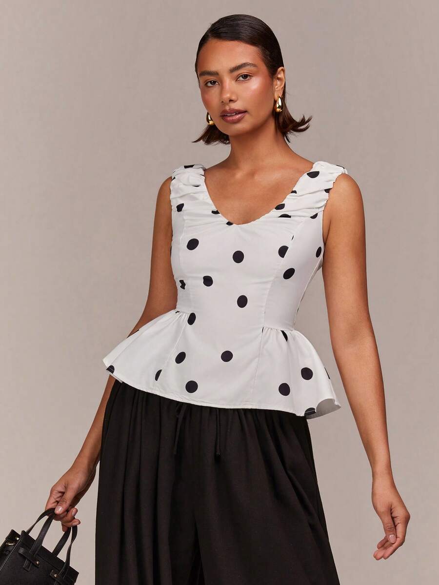 COSMINA Polka Dot V-Neck Puff Sleeve Ruffle Hem Casual Elegant Commuter Minimalist Y2K Waist Cinched Top - Black and White - View 1