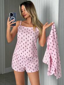 SHEIN Women 100% Cotton 3 Pcs Cardigan Short And T-Shirt Cute Print Lounge Set - Black and White - View 5