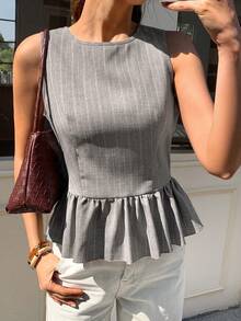 Elyressa Top casual de mujer sin mangas con cuello redondo, bajo con volantes y parches, de tela con aspecto de lino a rayas - Gris - Ver 2