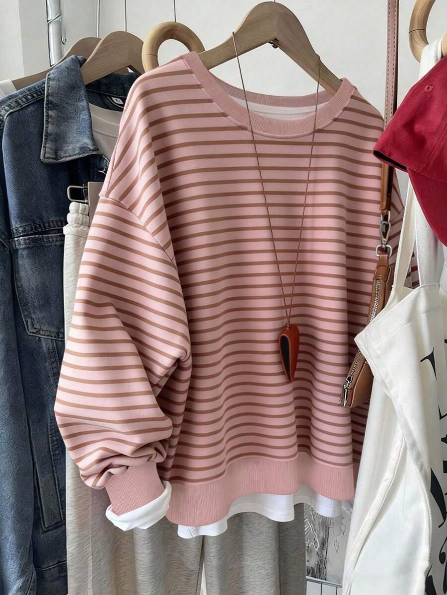 Resyla Korean Style Fashionable Versatile Colorful Striped Pattern Sweatshirt, Suitable For Outerwear, Photography, Camping, Autumn, Winter, Back To School, Women's Regular Crew Neck