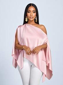SOLERSUN Women's Elegant Sexy Flowy Asymmetric Shoulder Cape Sleeve Asymmetric Hem Satin Blouse - Dusty Pink - View 7