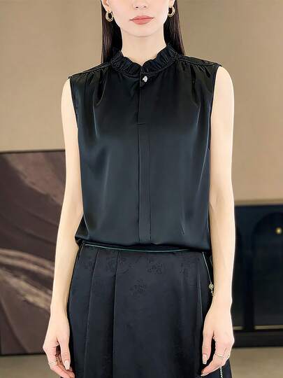 Camisa de mujer Camisa elegante de verano para mujer, de seda de morera, con dobladillo con volantes versátil y botones con incrustaciones de perlas, cuello pequeño y sin mangas, de color liso.