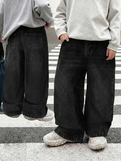 SHEIN Young Boy Casual Black Denim Loose Fit Pants With Slant Pockets