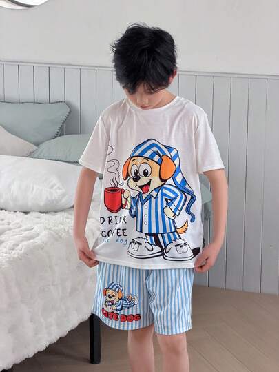 Conjunto de pijama con camiseta de manga corta con cuello redondo y estampado de dibujos animados y rayas azules y blancas para niño preadolescente, suave y cómodo, adecuado para primavera/verano, salidas, San Valentín, citas, viajes, vacaciones, reuniones familiares, vuelta al cole, bodas, noches, deportes, fiestas de cumpleaños