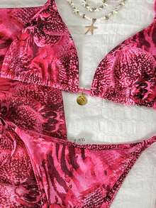 Swim Mod Women's Random Print Halter Metal Decor 3pcs Set: Bikini Top, Bikini Bottom, And Mini Skirt, Spring/Summer - Multicolor - View 5