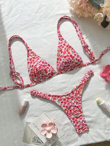 SHEIN Swim Women's Ditsy Floral Backless Sexy Thong Bikini Set, Beach Vacation - Multicolor - View 3